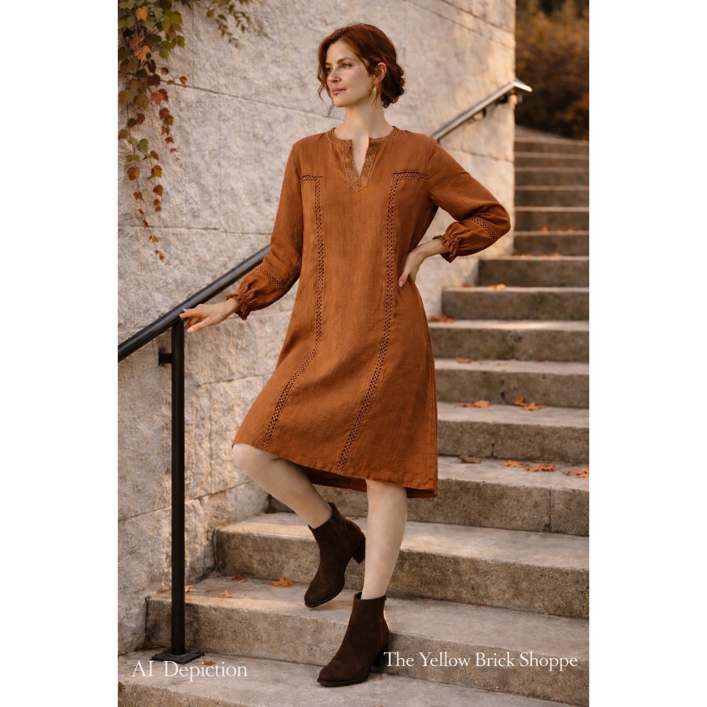 ROOLEE Linen A-Line Dress‎ XL Boho Notched Neck Fully Lined